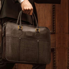 Karun Leather brown braided leather detailed document bag