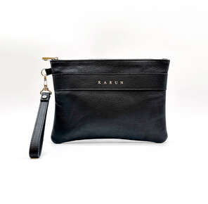Karun Leather black leather clutch with gold-colored accessory details